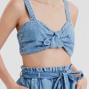 American Eagle Sexy 70’s Denim Style Tie Front Bikini Elastic Back Crop Top (L)